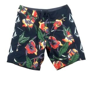 Volcom Mod-Tech Mens Board Shorts Size 32 Black Floral Tropical A0832408 Swim
